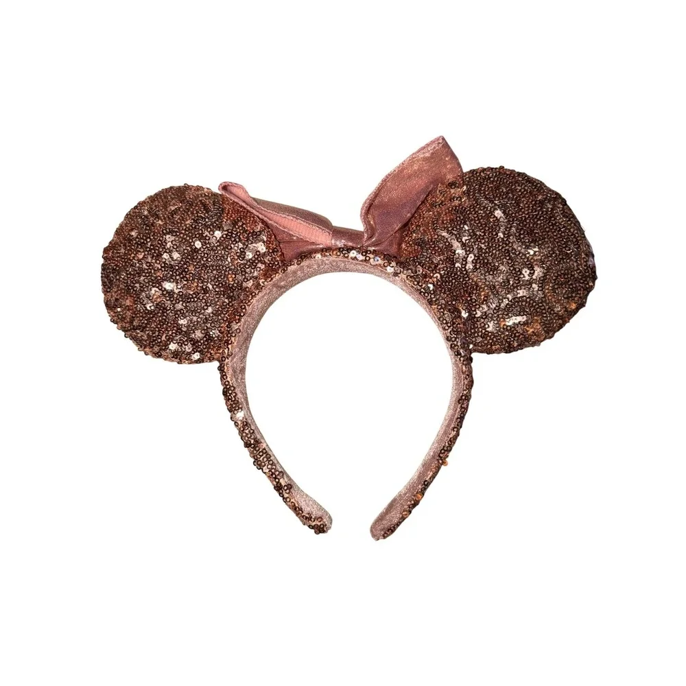 Disney Parks Minnie‎ Mouse Ears Headband OS Rose Gold Sequin Metallic Bow